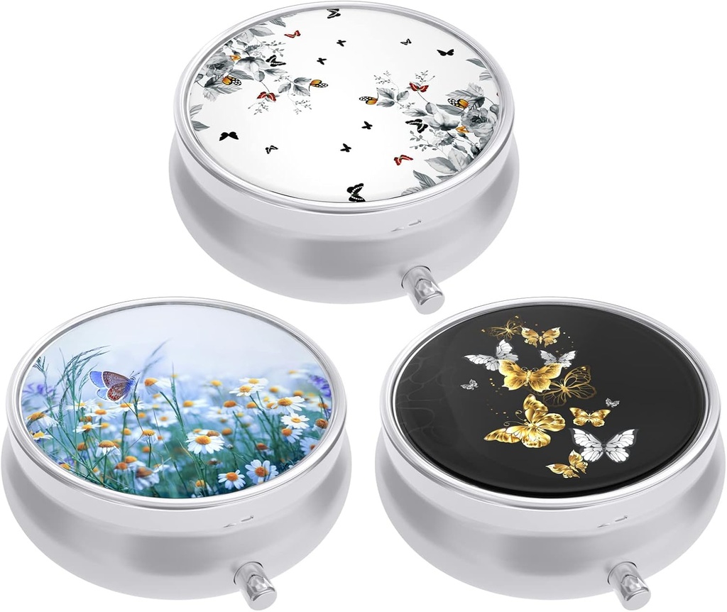 3 Pack Pill Box, μικρή θήκη χαπιών για το πουρμπουάρ & τσέπη, χαριτωμένο ταξιδιωτική ιατρική Organizer, φορητός κάτοχος εμπορευματοκιβωτίων ιατρικής για να κρατήσει βιταμίνες, φαρμακευτική αγωγή, ιχθυέλαιο & συμπλήρωμα, πεταλούδα