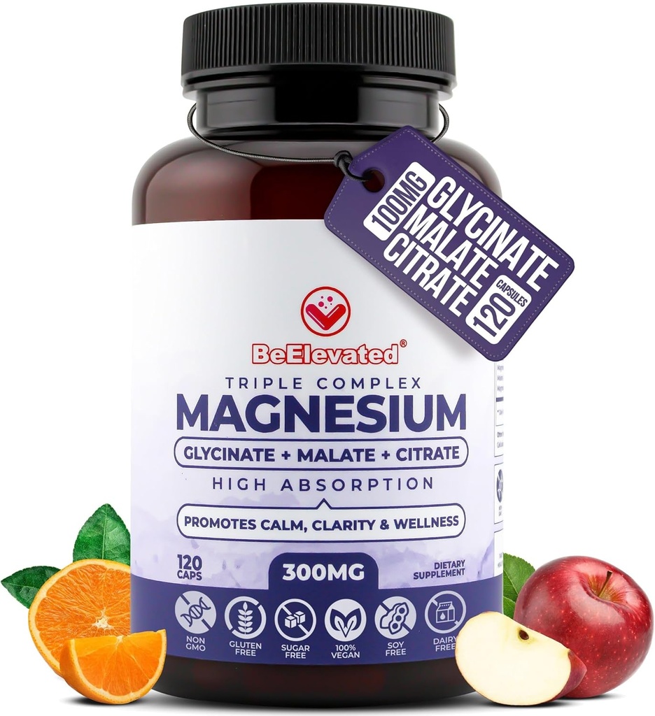 Triple Complex Magnesium Supplement – Γρήγορο Συμπλέγμα Μαγνήσιο Συμπλέγματος με Γλυκινικό, Κιτρικό & Μη Ελαχιστοποιητικό για Χαλάρωση, Ύπνο & Ευεξία – Φυσικό, Vegan, Κάψουλες Μη ΓΤΟ (300mg)