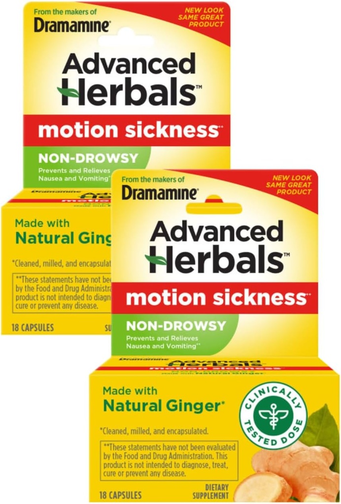 Dramamine Motion Hastaness Relief, Non-Drowsy, Naturals with Ginger, 18 Ct. (Pack of 2)