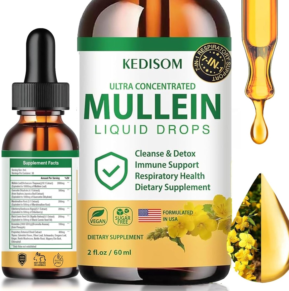 7 σε 1 Mullein Drops for Lungs 2 Fl Oz - Βιολογικό Mullein Leaf Extract συμπλήρωμα - Πνεύμονα & Μπροντσιάλ καθαρισμού για τους καπνιστές - αναπνευστική υποστήριξη υγείας