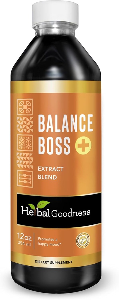 Herbal Goodness Happy Mood Support Supplement - St Johns Values Relaxation and Calmness, Rhodiola Rosea Balance Boss 12 Fl. ozz