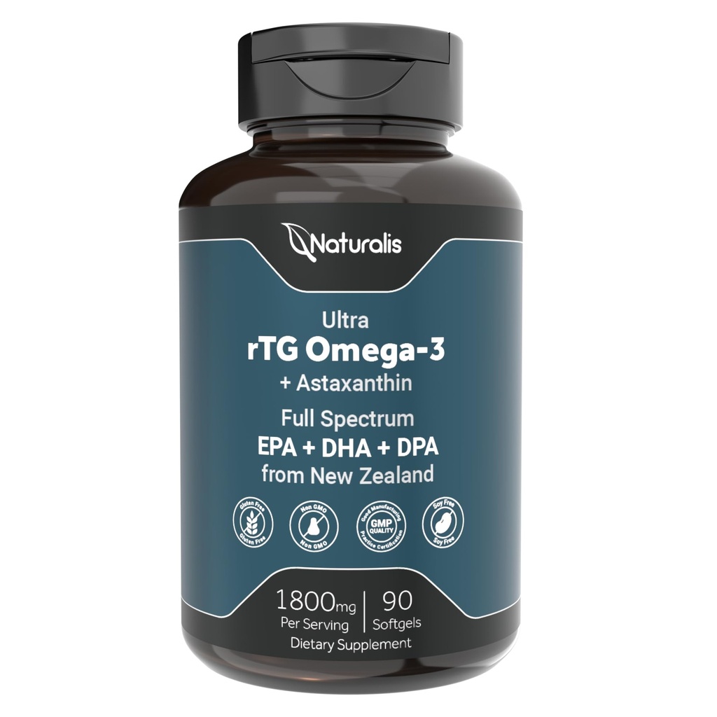 Naturalis Ultimate rTG Omega 3 Fish Oil 1800mg from Wild New Zealand Tuna - Full Spectrum Omega3s EPA, DHA & DPA - Sustainable Sourced, Non-GMO, Gluten Free - 90 Softgels
