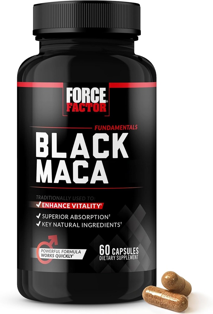 Force Factor Black Maca Root Vitality Supplement για άνδρες με ανώτερη απορρόφηση και δύναμη, φυσικό εκχύλισμα Maca Negra, θεμελιώδη σειρά, 1000mg, 60 κάψουλες
