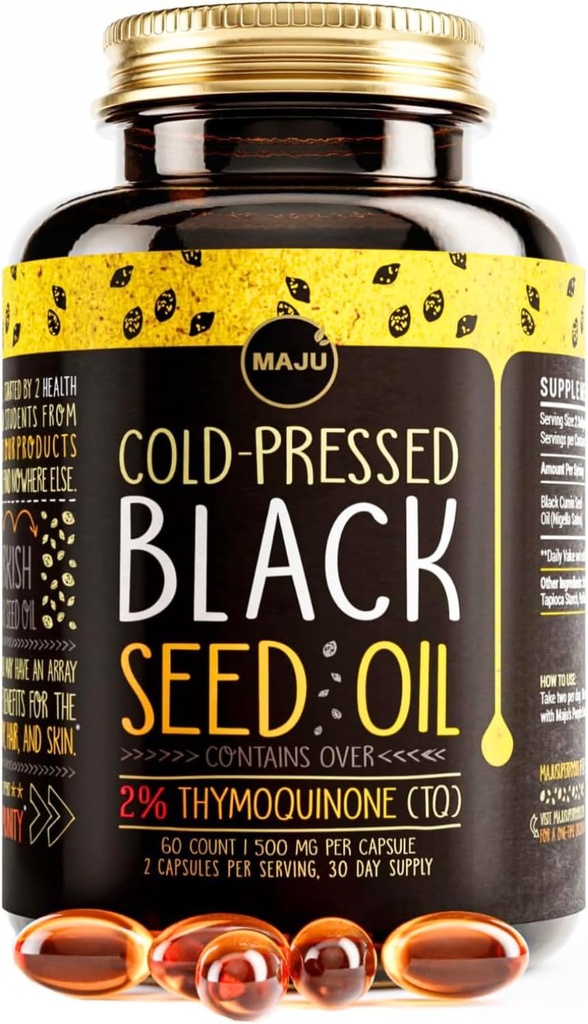 Maju Superfoods Black Seed Oil Capses - Ψυχρή πίεση, 2% Thymoquinone, 100% Turkish Black Cumin Nigella Sativa Seed Oil, Liquid Pure Blackseed 60 Count, 500mg ανά κάψουλα