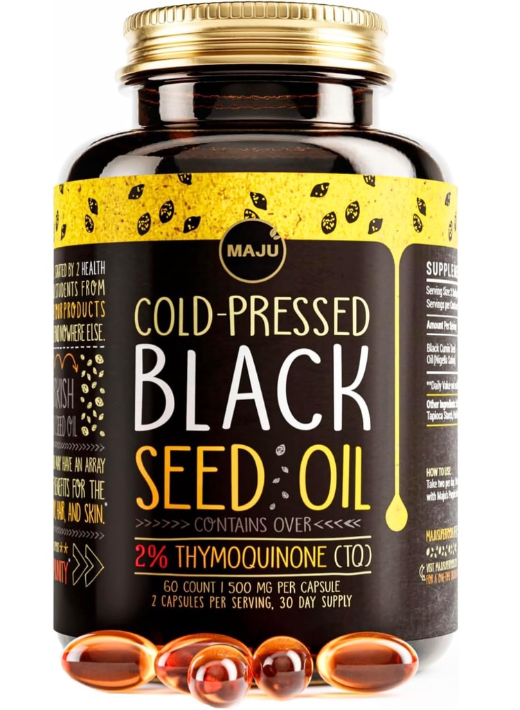 Maju Superfoods Black Seed Oil Capsules - Cold Pressed,% 2 Thymoquinone,% 100 Türk Black Cumin Nigella Sativa Tohum Yağı, Sıvı Pure Blackse 60, Capsule per Capsule per Capsule