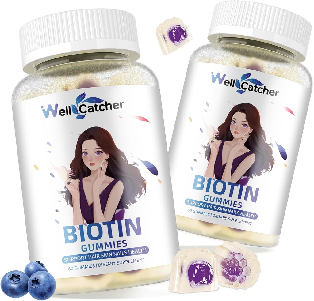 Saç Büyümesi için Biyotin Gummies - Multivitamin Sugar Free Vegan Chewable Saç Büyümesi Kadın Erkek Çocuklar için Gummy 60 günlük Supply Blueberry Flavored 60-Day Supply