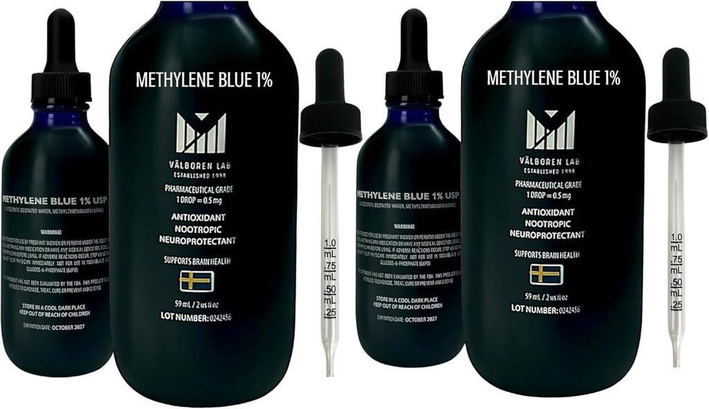 Methylene Blue Pharmaceutical Grade Bundle - 2 oz & 4 oz Bottles - USP Grade - Made in USA - Third-party Tested, Formaldede & Alcohol-Free - Brain Health Supplement - Methylene 1% Drops for Humans