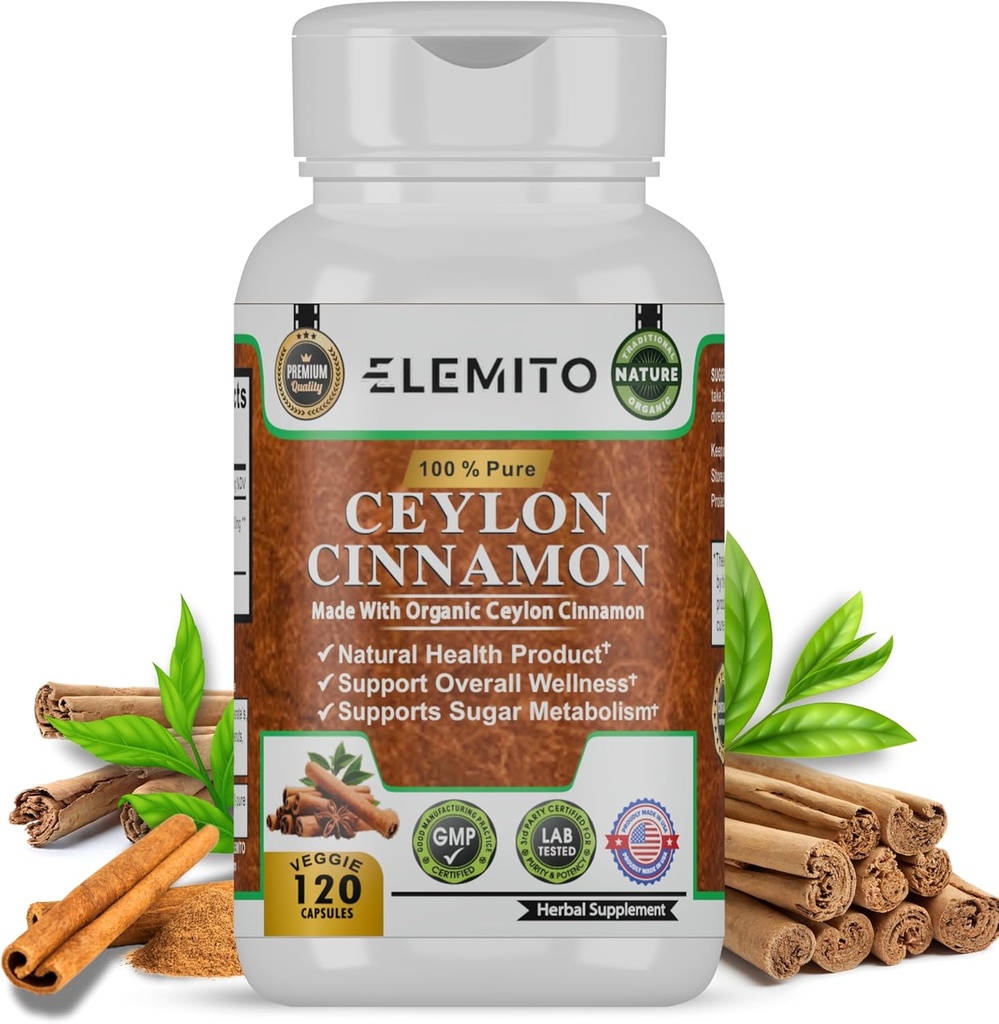 Ceylon Cinnamon Capsules, Energy, Heart & Metabolism Support, Certified Organic Ceylon Cinnamon Pills, Non-GMO, Vegan, Gluten-Free - 120 Capsules