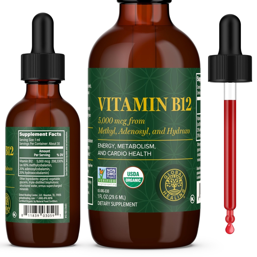 Global Healing Center - Vitamin B12 Sublingual 5000 MCG Organik Sıvı Supplement, Mecobalamin, Adenosylcobalamin, Hydroxo Long-Lasting Energy and Health Metabolism - Vegan B12 Vitaminleri (1 Oz)