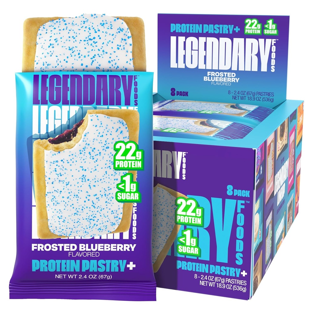 Efsanevi Gıdalar 22g Protein Pastry+ Frosted Blueberry, Low Carb Meal Change Bar - Low Glycemic, Gluten Free Protien Snacks - Sağlıklı Keto Snack Box 8 Zero Sugar Energy Bars - Diabetic Friendly