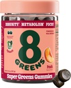 8Greens Supergreens Gummies | Super Greens Toz Superfood Gummy for Metabolism, Immunity & Focus, Digestive Health Enzymes, Organic: Chlorella, Spirulina, Aloe Vera, Peach Flavor, 50 Count