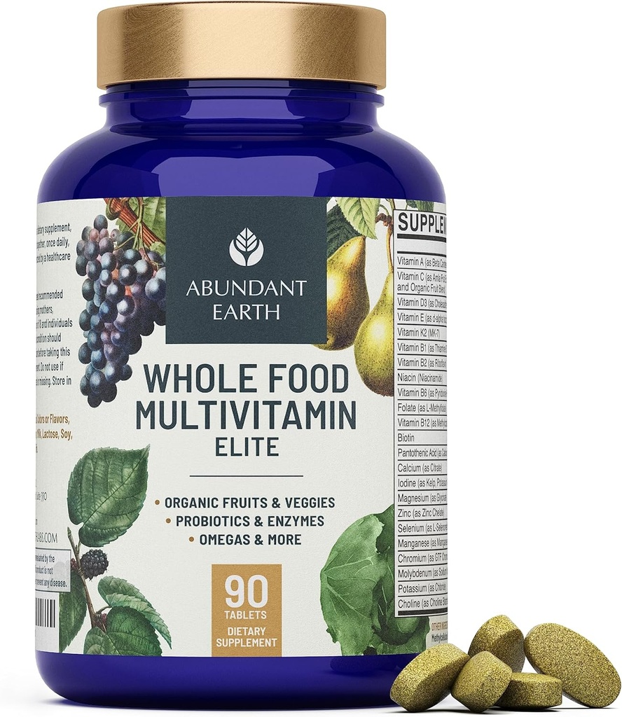 Abundant Earth All Food Multivitamin for Women, Daily Multi Vitamins Supplements for Men/Mens Multivitamins + B Complex, Probiyotik Multi Enzyme, Omegas for Organic Energy, Mood, Digestion 90ct