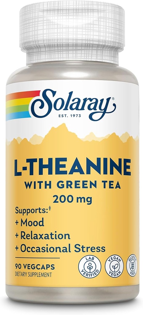 SOLARAY L-Theanine 200 mg with Green Tea - Sağlıklı Mood, Relaxation and Occasional Stress Support - Lab TY, Vegan, Gluten Free - 90 Hizmet, 90 VegCaps