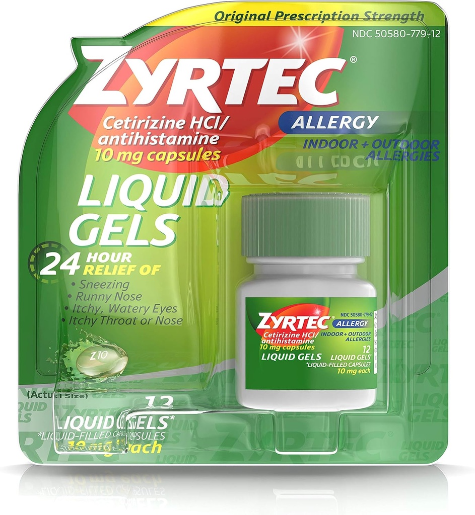 Zyrtec 24 Saat Kapalı ve Açık Alerjiler Sıvı Gels, Cetirizine Capsule ile All-Day Antihistamin Capsules, 12 ct (Pack of 2)