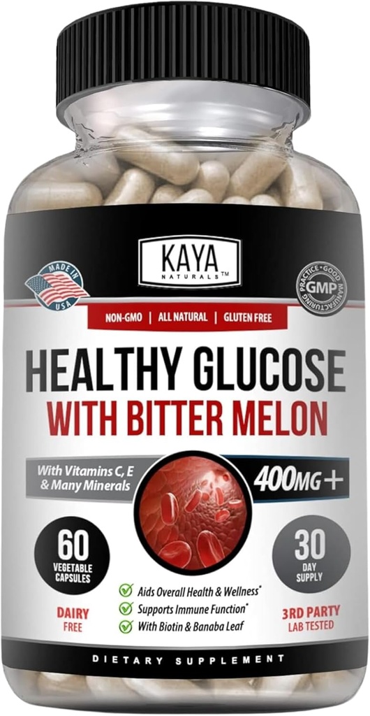 Kaya Naturals Healthy Gluco with Bittermelon Supplement | Support Healthy Levels and Function, 20 Herbs Vitamins and Minerals, Alpha Lipoic Acide, Cinnamon, Vitamin C & E, Non-GMO (60 Count)