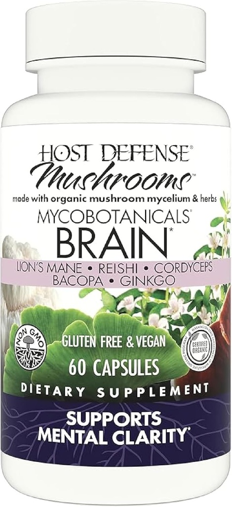 Host Defense MycoBotanicals Brain* Κάψουλες - Συμπληρώματα υποστήριξης εγκεφάλου με το Mane του Λέοντος, Reishi & Cordyceps Mushroom - συμπλήρωμα βοτάνων για την υποστήριξη μνήμης & εστίασης - 60 κάψουλες (30 υπηρεσίες)*