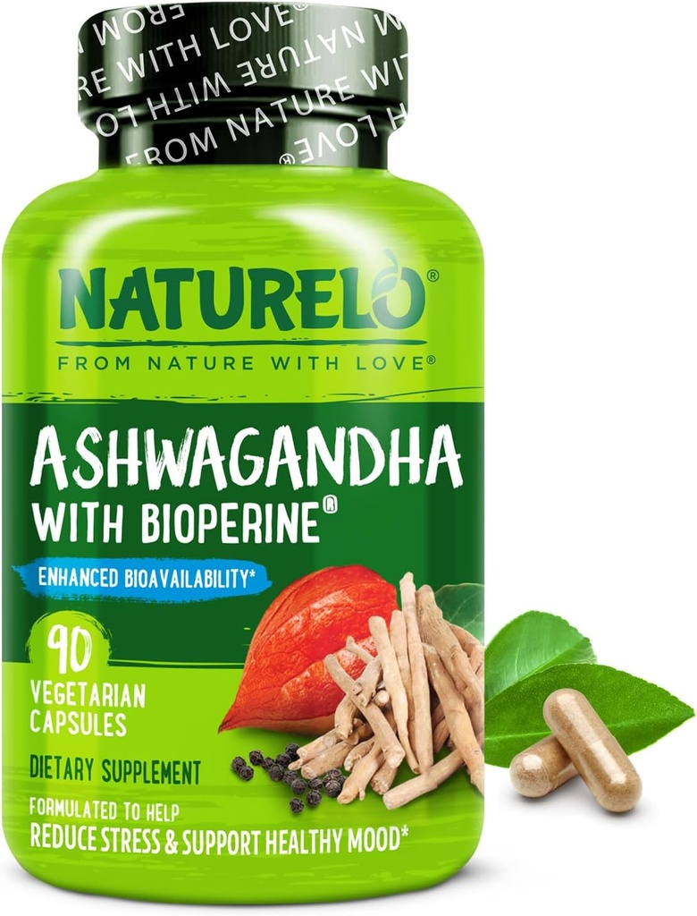 NATURELO Ashwagandha Organic Root Powder - Natural Herbs Supplement for Fatigue, Stress Relief, Mood Enhancer - with Black Pepper Extract - 90 Vegan Capsles