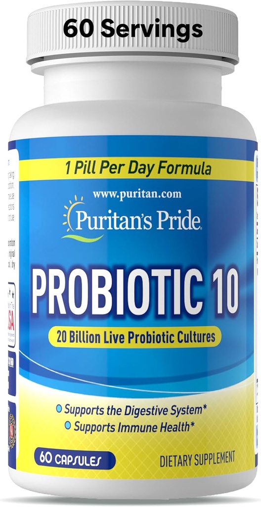Puritan's Pride Probiotic 10 με βιταμίνη D για να βοηθήσει στην υποστήριξη της υγείας του ανοσοποιητικού συστήματος*, 60 Count, White
