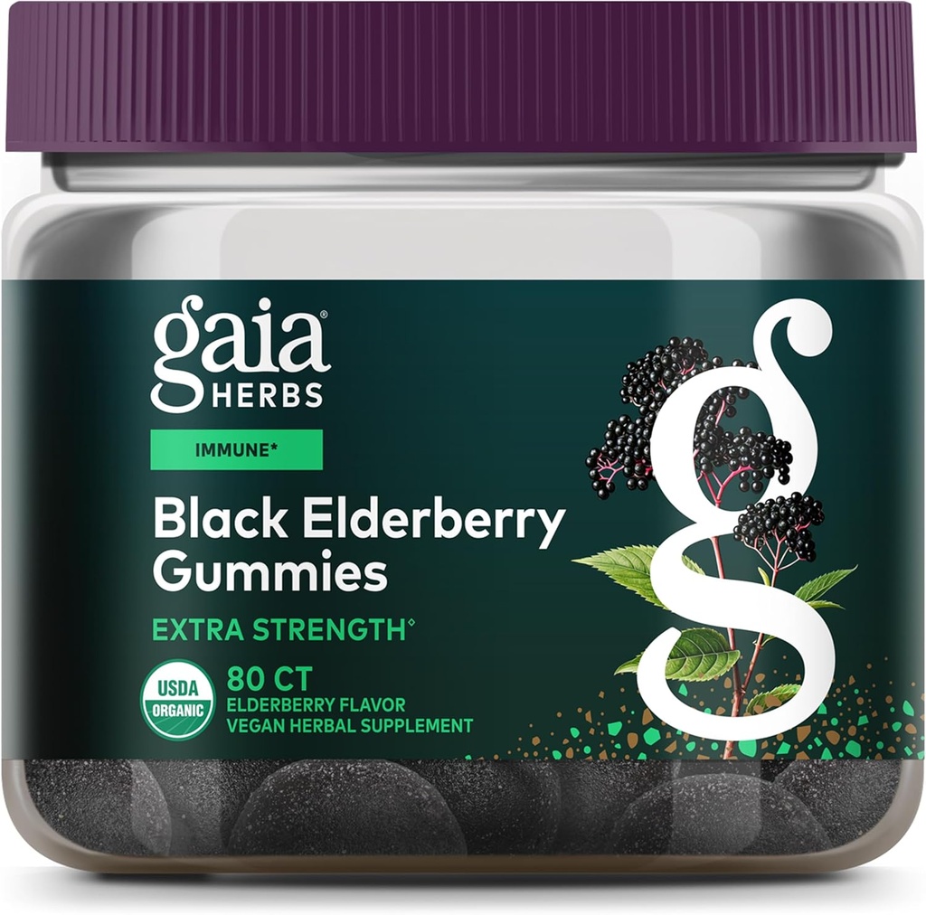 Gaia Herbs Black Elderberry (Sambucus Nigra) Extra Strength Gummies - Υπέροχο συμπλήρωμα υποστήριξης του ανοσοποιητικού - Made with Certified Organic Black Elderberries for Immune System Support - 80 Gummies