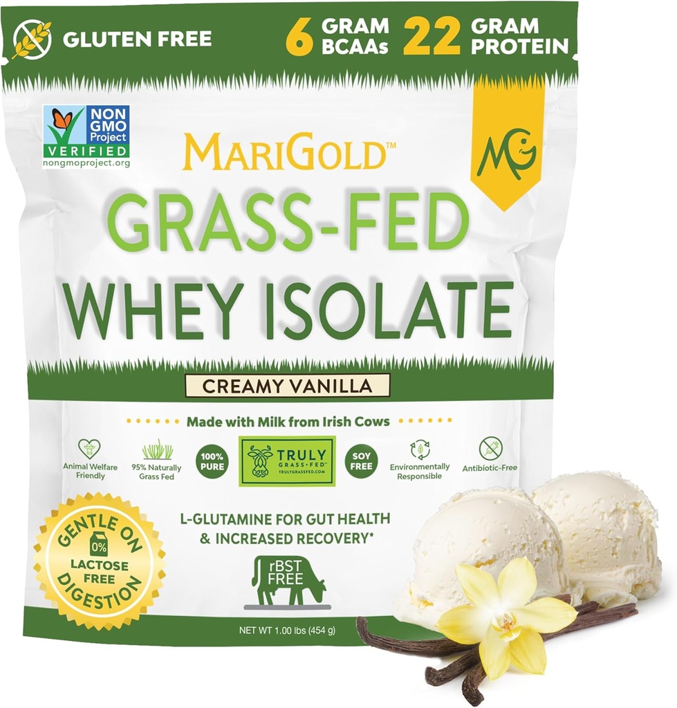 MariGold Grass-fed Whey Protein Isolate Toz - Kremy Vanilla Flavor - 1 Lb Bag | 100% Pure, Cold-Processed, Micro-Filtered, Undenatured, Non-GMO, rBGH Free, Soy Free, Gluten Free, Lactose Free