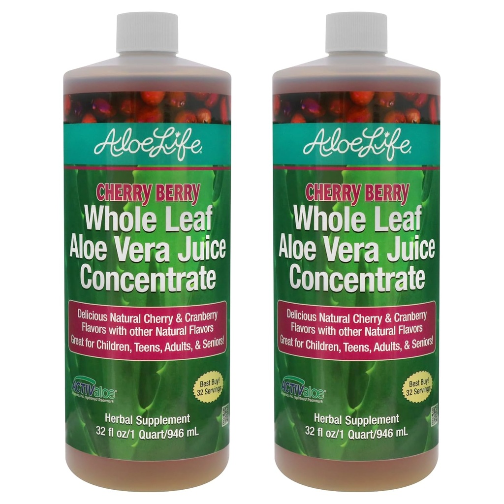 Aloe Life - Whole Leaf Aloe Vera Juice, Organic, Gluten-Free (Cherry Berry, 32 oz) | 2Pack