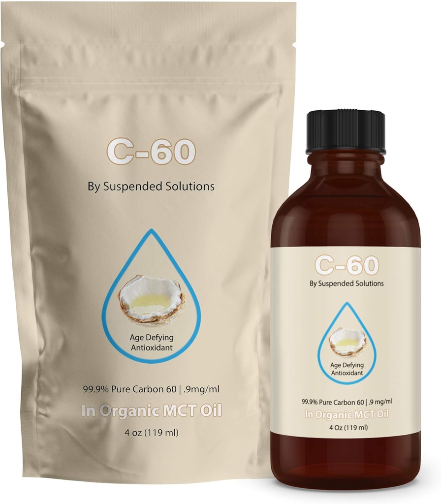 C-60 MCT - 4oz -99.9% Καθαρό C-60 σε Βιολογικό Έξτρα Παρθένο MCT Έλαιο - 100% Χωρίς Διαλύτη - 108mg Ενεργό C60 - Γυάλινο Μπουκάλι - Άνθρακα 60