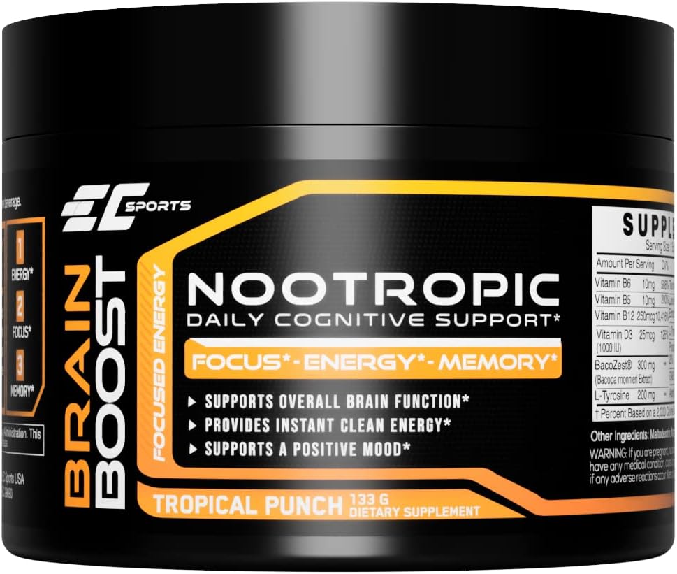 EC Sports Brain Boost Tropical Punch Nootropic συμπλήρωμα για εστίαση, ταχύτερη επεξεργασία, άμεση ενέργεια & απόδοση w/ 18 Nootropics - 30 εξυπηρετήσεις