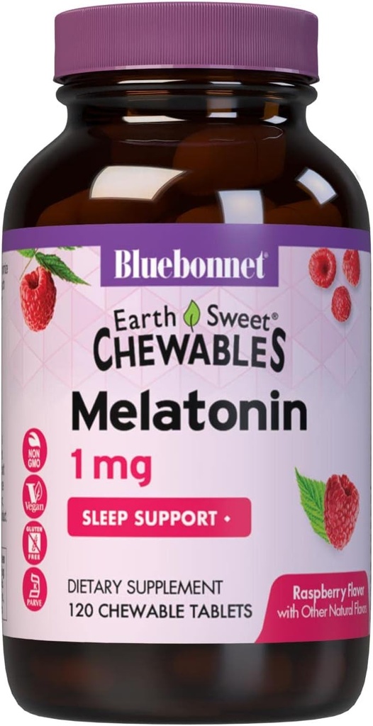 Bluebonnet Beslenme DünyaSweet Melatonin 1 mg Fast-Acting Quick Dissolve Nighttime Relaxation & Restful Sleep Support - Sleep Aid - Gluten-Free, Vegan - Raspberry Flavor - 120 Chewable Tabletler