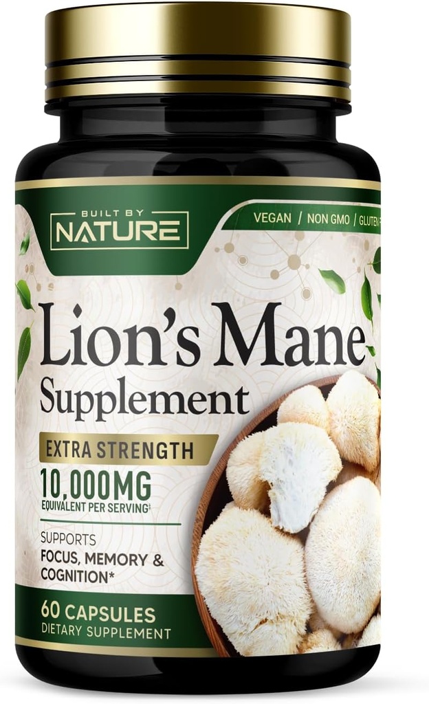 Nature Lion's Mane 10.000mg tarafından inşa edildi - Nootropic Brain Support için Ekstra Kuvvetli Oda Tamamı - Focus, Memory and Cognitive Function – Non-GMO, Gluten-Free, Vegan - 60 Capsules