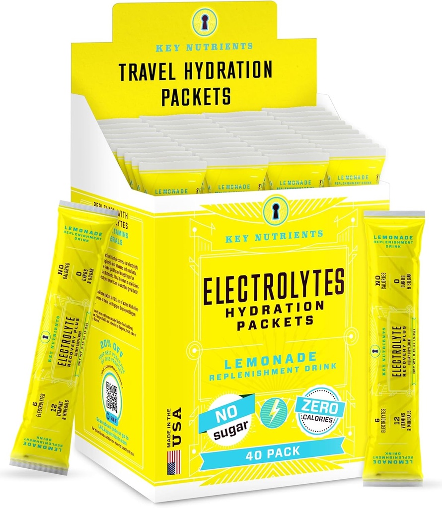 KEY NUTRIENTS Multivitamin Electrolytes Hydration Packets - Blueing Lemonade Post Workout and Recovery 40 Pack - No Sugar, No Calories - Travel Hydration Toz