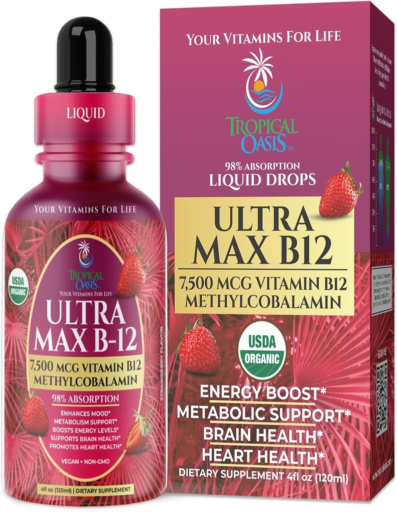 USDA Organik Ultra Max B12 | Superdose 7500 Live B12 Sıvı Merdivenler | Meykobalamin olarak B12 - Max %98 Aorpsiyon Puanı | Enerjiyi Artırır, Non-GMO, Strawberry tadı -4oz