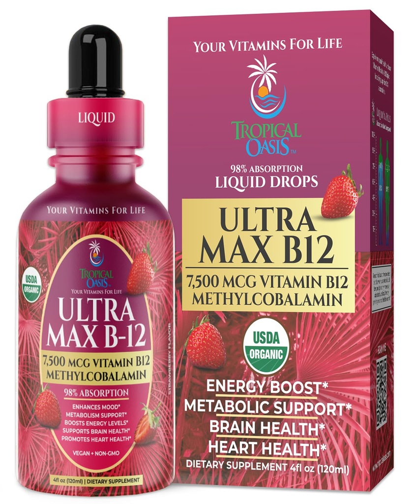 USDA Organik Ultra Max B12 | Superdose 7500 Live B12 Sıvı Merdivenler | Meykobalamin olarak B12 - Max %98 Aorpsiyon Puanı | Enerjiyi Artırır, Non-GMO, Strawberry tadı -4oz