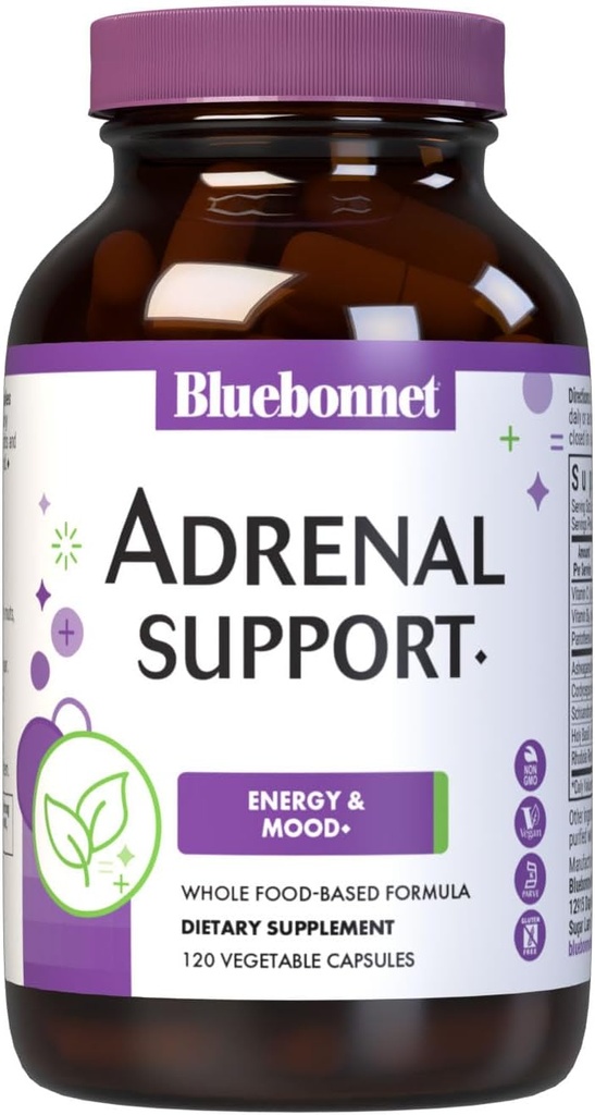 Bluebonnet Beslenme Adrenal Destek, Enerji & Mood*, Non-GMO, Vegan, Kosher sertifikalı, Gluten-Free, Soy-Free, Süt-Free, 120 Sebze Kapsülleri, 60 Hizmetler