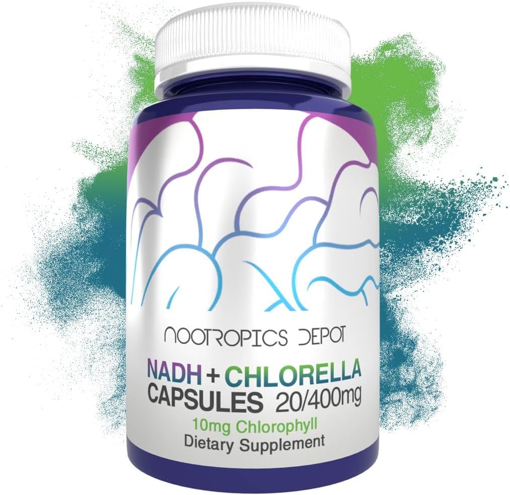 Nootropics Depot NADH + Chlorella vulgaris (Broken Hücre) 400 mg Capsules | Nicotinamid Adenine Dinüotide 20 mg | Chlorophyll 10mg | Enerji, Uyarılık, Ruh Clarity & Sağlıklı Ağlama, 30