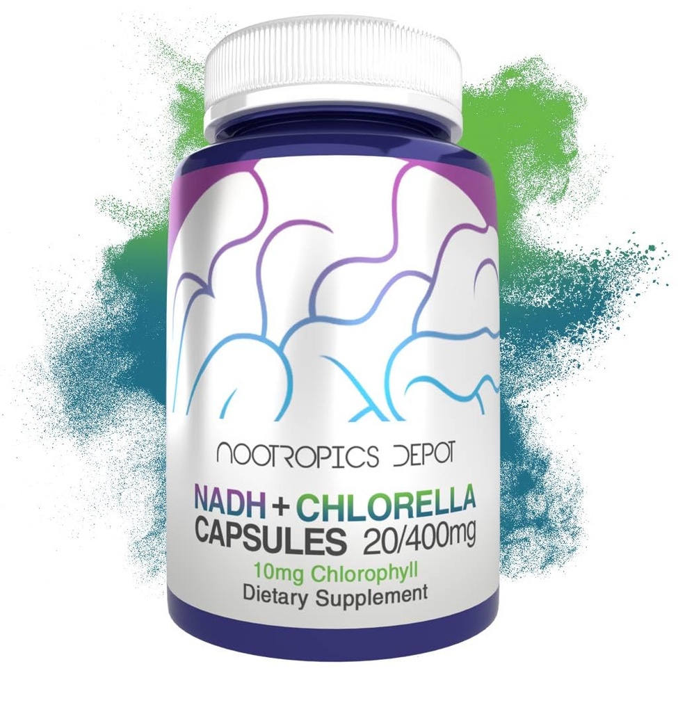 Nootropics Depot NADH + Chlorella vulgaris (Broken Hücre) 400 mg Capsules | Nicotinamid Adenine Dinüotide 20 mg | Chlorophyll 10mg | Enerji, Uyarılık, Ruh Clarity & Sağlıklı Ağlama, 30