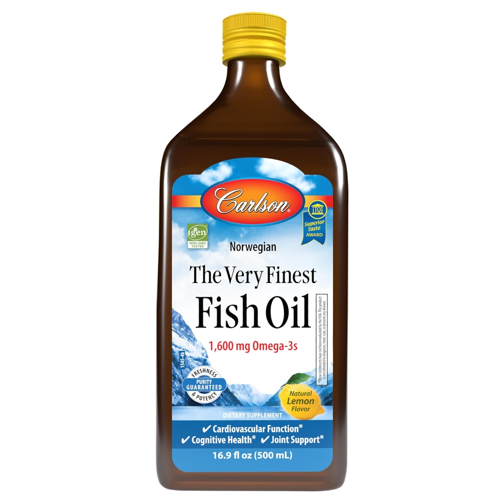 Carlson - The Very Finest Fish Oil, 1600 mg Omega-3s, Liquid Supplement, Norveç, Wild-Caught, Sustainably Sourced , Lemon, 16.9 Fl Oz Oz Oz