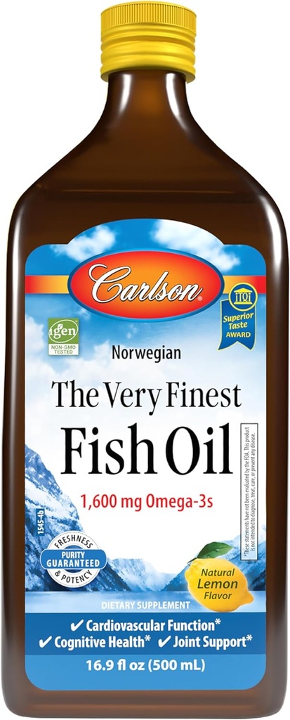 Carlson - The Very Finest Fish Oil, 1600 mg Omega-3s, Liquid Supplement, Norveç, Wild-Caught, Sustainably Sourced , Lemon, 16.9 Fl Oz Oz Oz