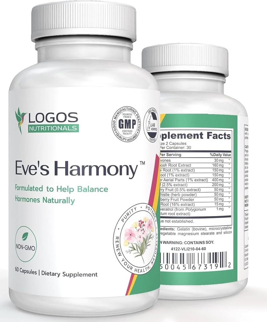 Eve'nin Harmony Menopause Supplement, Soy Isoflavones, Black Cohosh & Red Raspberry, Non-GMO Natural PMS & Menopaus Symptom Support, 60 Capsules