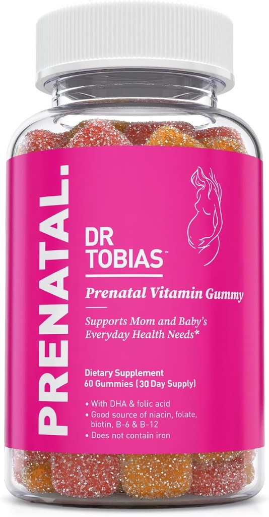Dr. Tobias Prenatal Vitamin Gummy, Iron Free Prenatal Vitamins with DHA and Folic Acid, Niacin, Biotin, B6, & B12, Fish Oil, Pre & Postnatal Support için, 60 Gummies, 30 Hizmet