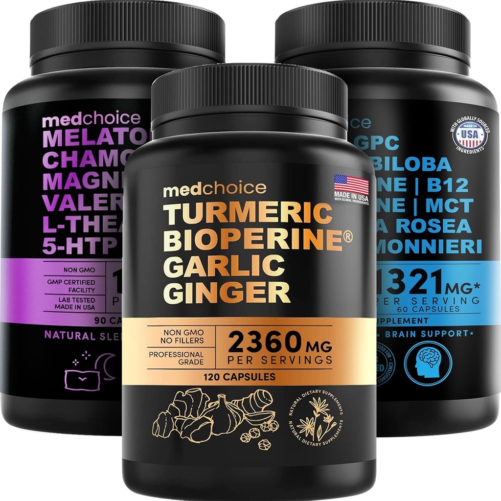 MEDCHOICE Turmeric & Ginger (120ct), Sleep Melatonin (90ct) ve Nootropic Brain (60ct) Tamam Sche - Wellness Trio for Brain, Sleep, & Immune Support - Vegan, Non-GMO, Gluten-Free-Free-GMO, Gluten-Free-Free