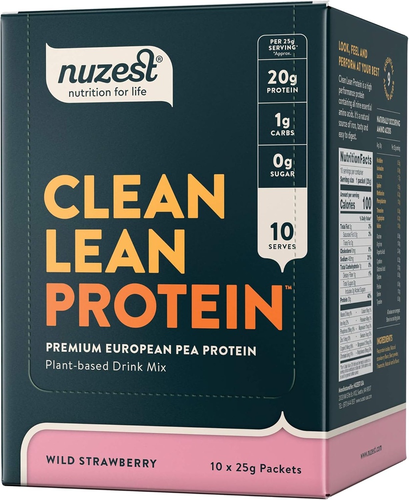Nuzest - Pea Protein Toz - Temiz Lean protein, Premium Vegan Plant Temel Protein Toz, Süt Ücretsiz, Gluten Free, GMO Free, Protein Shake, Wild Strawberry, 0.9 oz, (Paketi 10)
