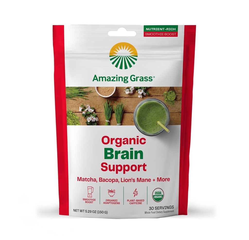 Amazing Grass Matcha Powder for Brain Support & Energy – Πράσινο Τσάι Blend with Lion's Mane and Superfoods – Plant-based, No Sugar, Smoothie or Latte Mix for Focus – 30 Σερβιέτες