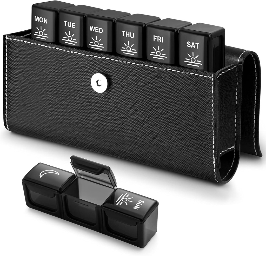 BUG HULL 3x a Day Pill Organizer with PU Case - Weekly Travel Medicine Box for 3 Times a Day