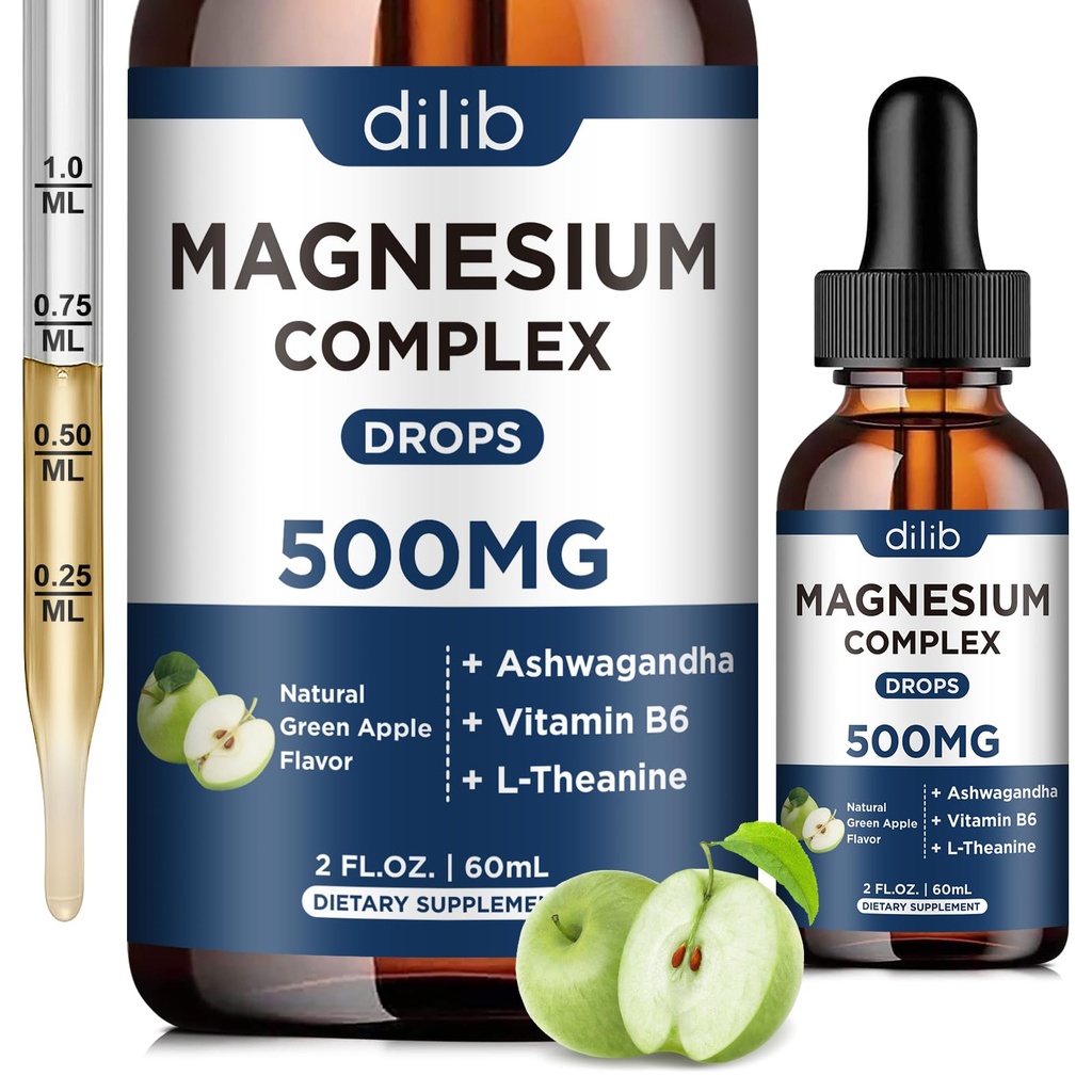 Triple Complex Supplement-Magnesium Glycinate, Citrate, Malate Liquid Drops 500 mg with Ashwagandha, L-Theanine, B6 for Calm, Stress Relief, Sleep, Muscle Support-Green Apple Flavor