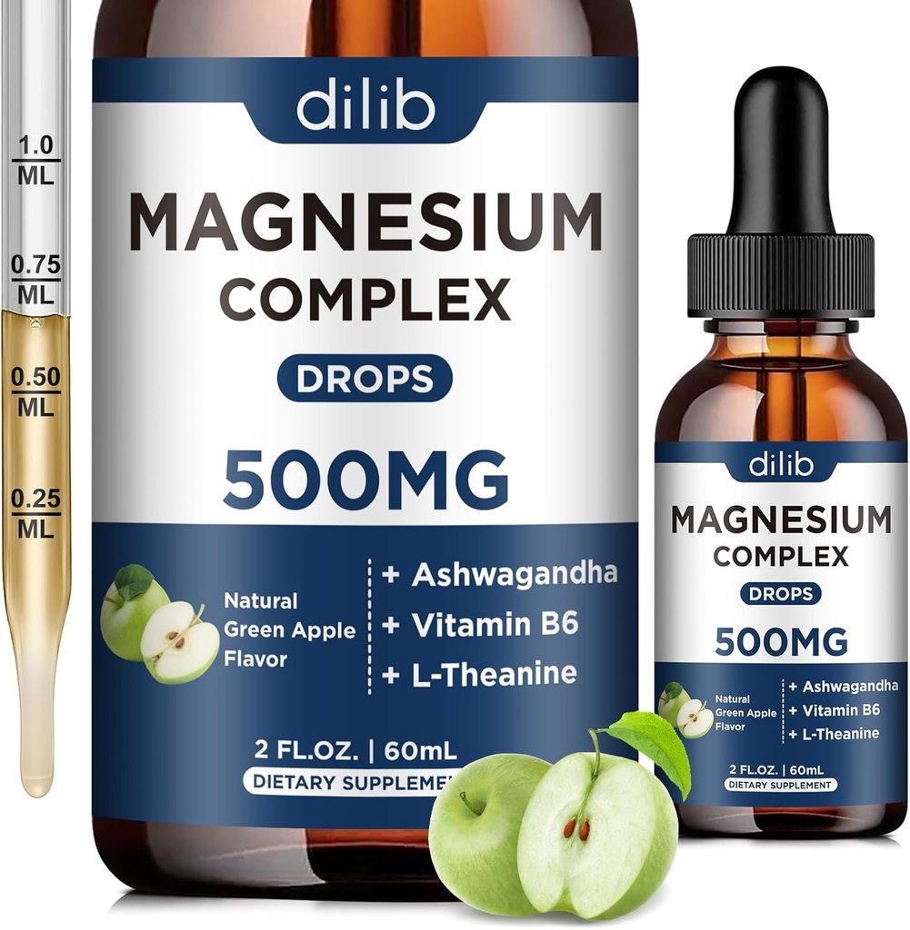 Triple Complex Supplement-Magnesium Glycinate, Citrate, Malate Liquid Drops 500 mg with Ashwagandha, L-Theanine, B6 for Calm, Stress Relief, Sleep, Muscle Support-Green Apple Flavor