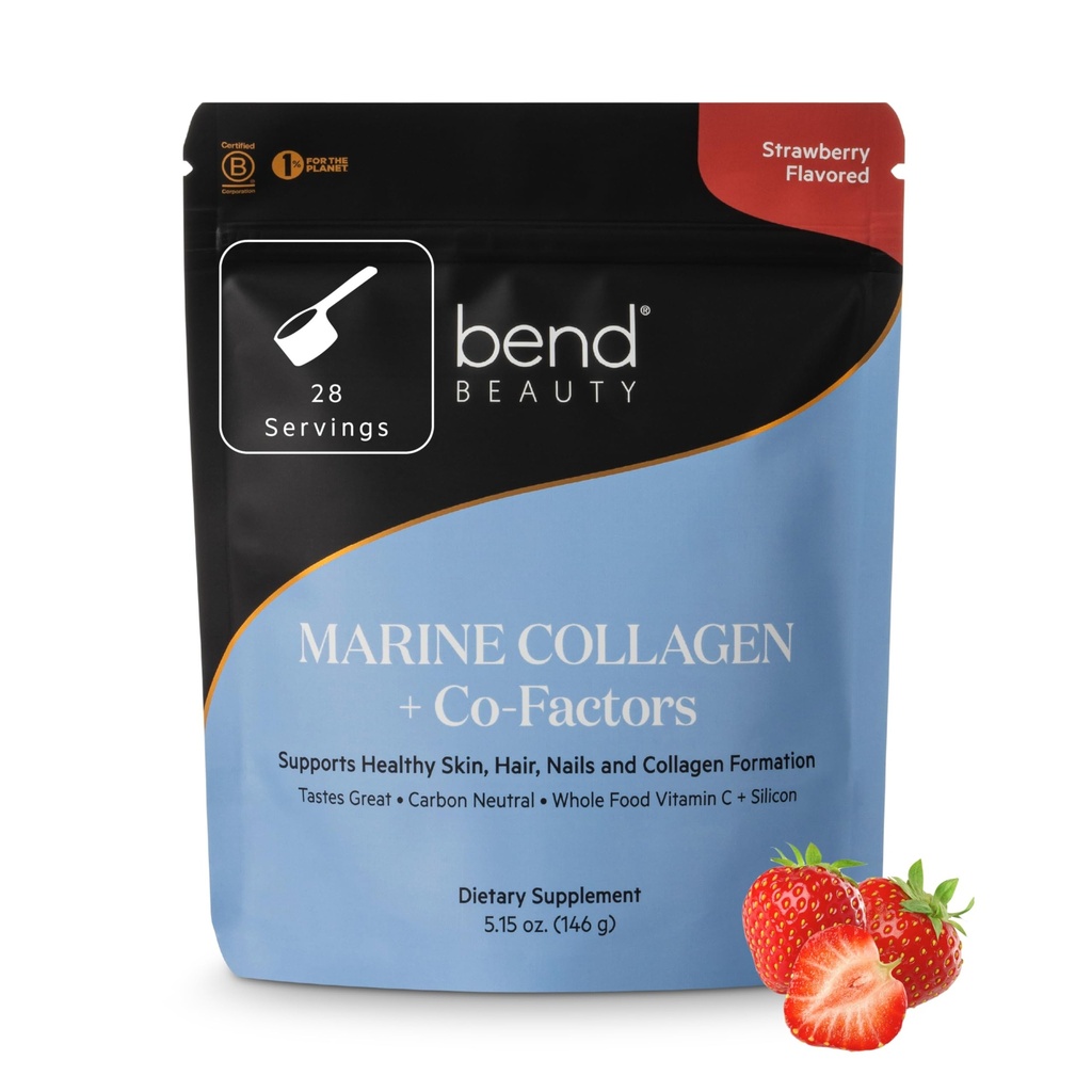 Bend Beauty Marine Collagen + Co-Factors | Strawberry Flavored Collagen Toz | Hydrolyzed Collagen Supplement | Fish Collagen, + Silikon + Vitamin C | Sağlıklı Cilt, Saç ve Nails
