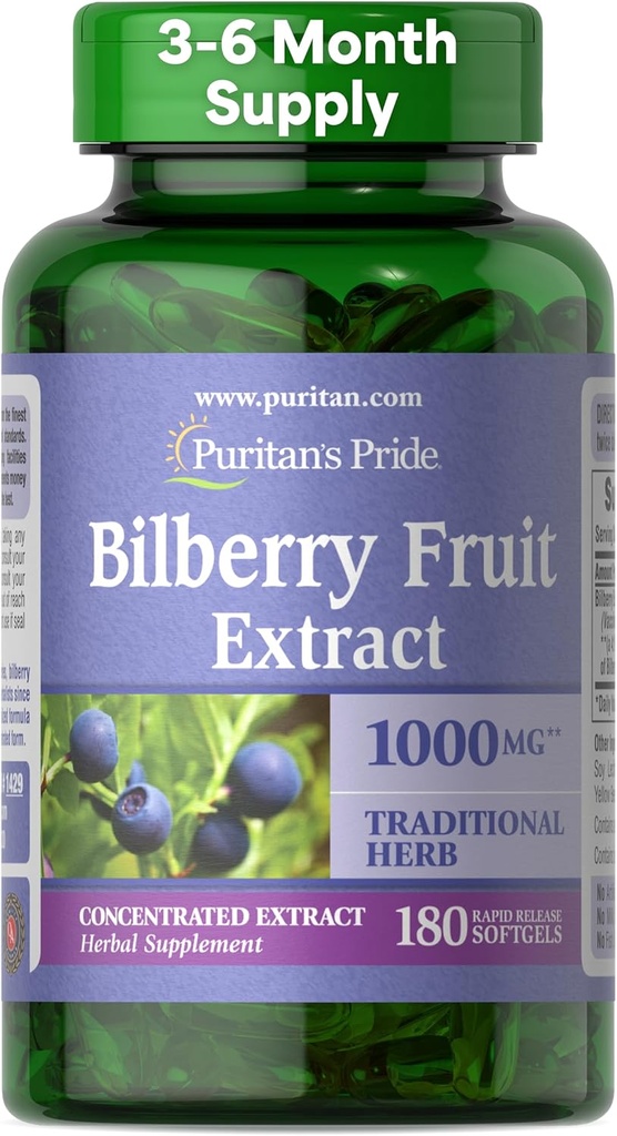 Puritan's Pride Premium Bilberry Fruit Extract 250 mg (1000mg Equivalent), 4:1 Concentrated Herbal Supplement, Vitamin C, 3 to 6 Month Supply, 180 Rapid Release Softgels(Packaging May Vary)