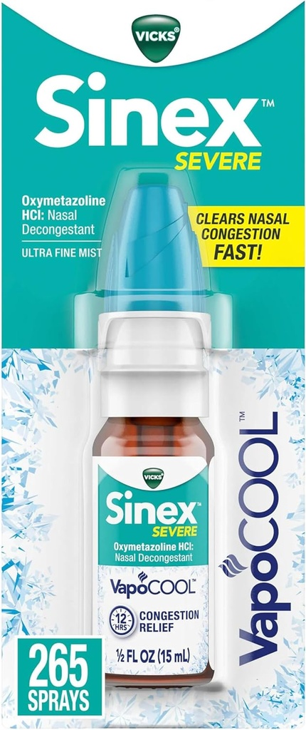 Vicks Sinex SEVERE Nasal Spray με VapoCOOL, Καταπραϋντικό Vicks Vapors, Αποσυμφορητική Ιατρική, Ανακούφιση από την παραμορφωμένη μύτη λόγω Ψυχρού ή Αλλεργίας, & Ρινική Συμφόρηση, Sinus Pressure Relief, 265 Sprays