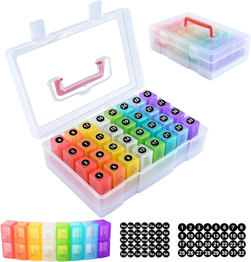 ZRFMIB Monthly Pill Organizer 2 Times a Day, 30 Day Pill Organizer with 32 Daily Pill Box and Travel Case, for Medicine, Vitamin, Fish Oil, Supplements, Clear