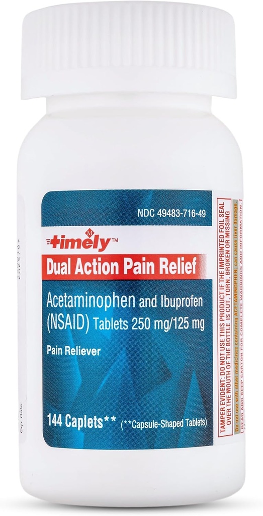 Zamanlı Dual Action Acetaminophen 250 mg ve Ibuprofen 125 mg - Genric Pain Reliever, Ateş Tespiti, Baş Ağrı, Menstrual Pain, Tooth Aches, Kas Ache, Arthritis Pain Relief - 144 Count